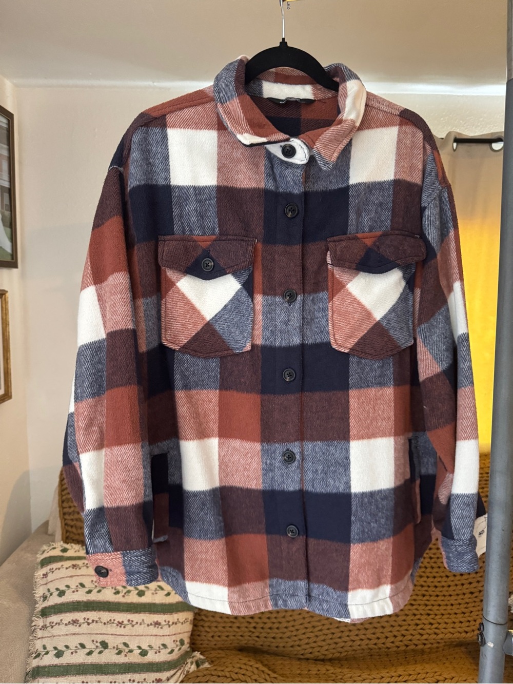 Plaid Button-Up Shacket Jacket - Rust Navy White